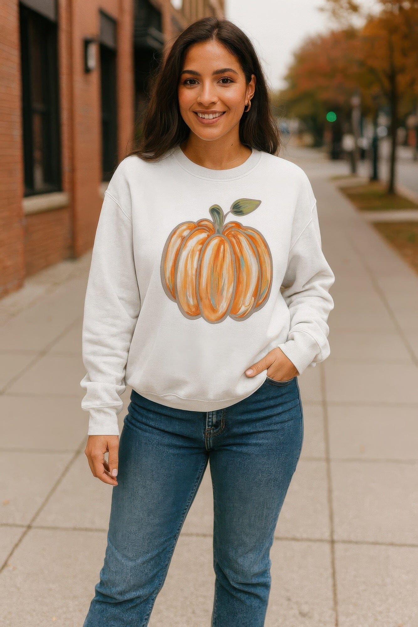 Women Pumpkin Print Long Sleeve Sweater Shirts & Tops jehouze White S 