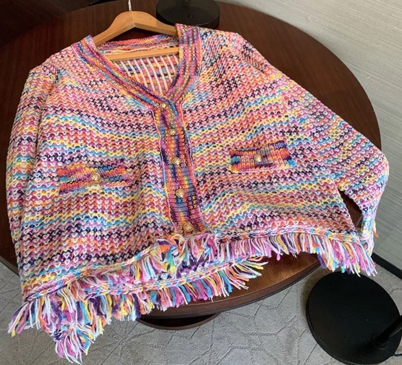 Women Rainbow Color Knitted Tassel Vintage Single Breasted Sweater Cardigan Outerwear jehouze 