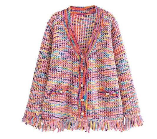 Women Rainbow Color Knitted Tassel Vintage Single Breasted Sweater Cardigan Outerwear jehouze One Size 
