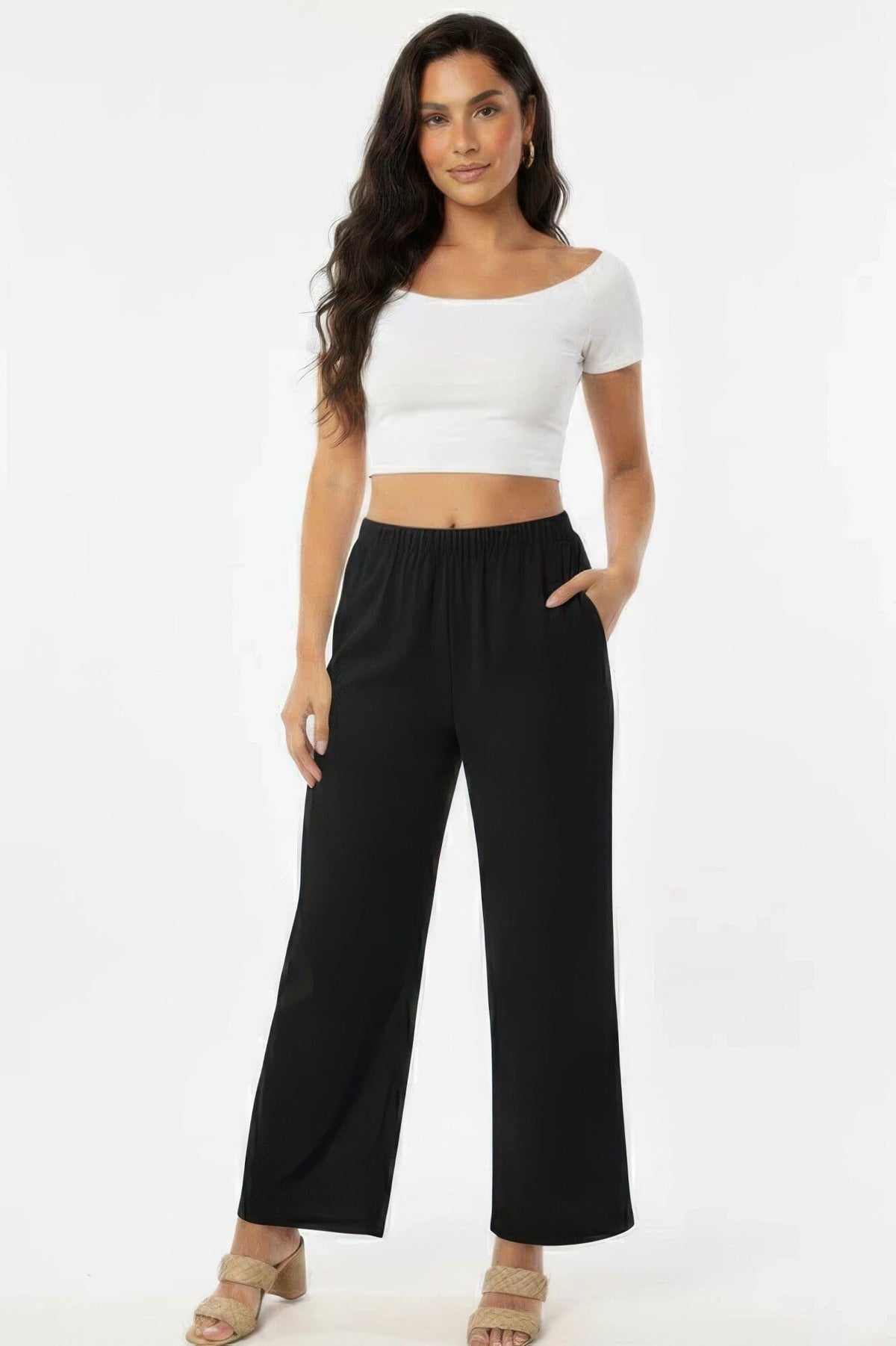 Women Relaxed Fit 100% Cotton Wide-leg Pants With Side Pockets Pants jehouze Black S 
