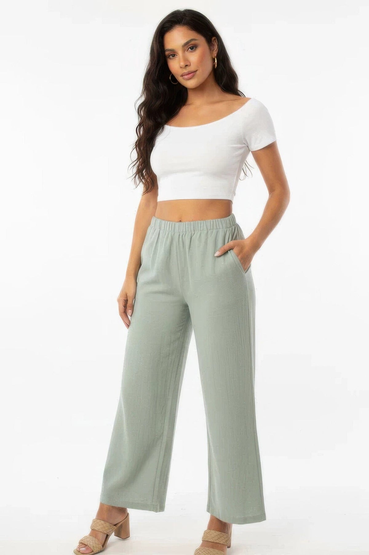 Women Relaxed Fit 100% Cotton Wide-leg Pants With Side Pockets Pants jehouze Sage Haze S 