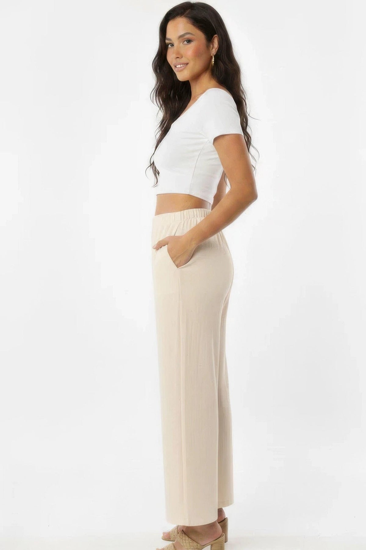 Women Relaxed Fit 100% Cotton Wide-leg Pants With Side Pockets Pants jehouze Sand Taupe S 