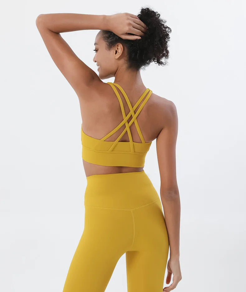 Women Removable Padded Yoga Double Spaghetti Thin Strap Workout Running Crop Activewear Top Activewear jehouze S Bee Yellow 