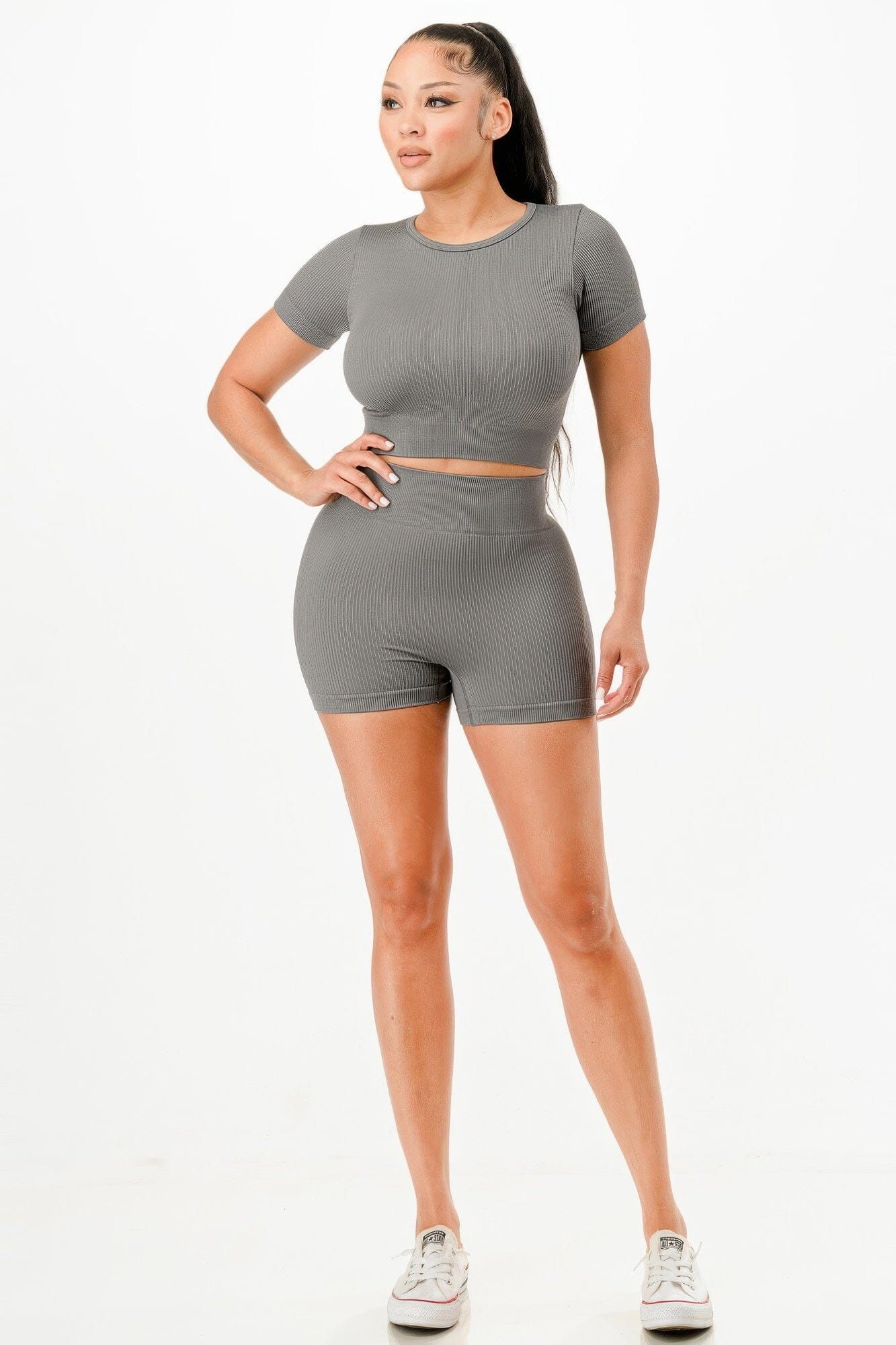 Women Ribbed Seamless T-shirt And Bike Shorts Set Activewear jehouze 