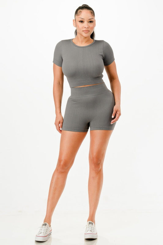 Women Ribbed Seamless T-shirt And Bike Shorts Set Activewear jehouze S 
