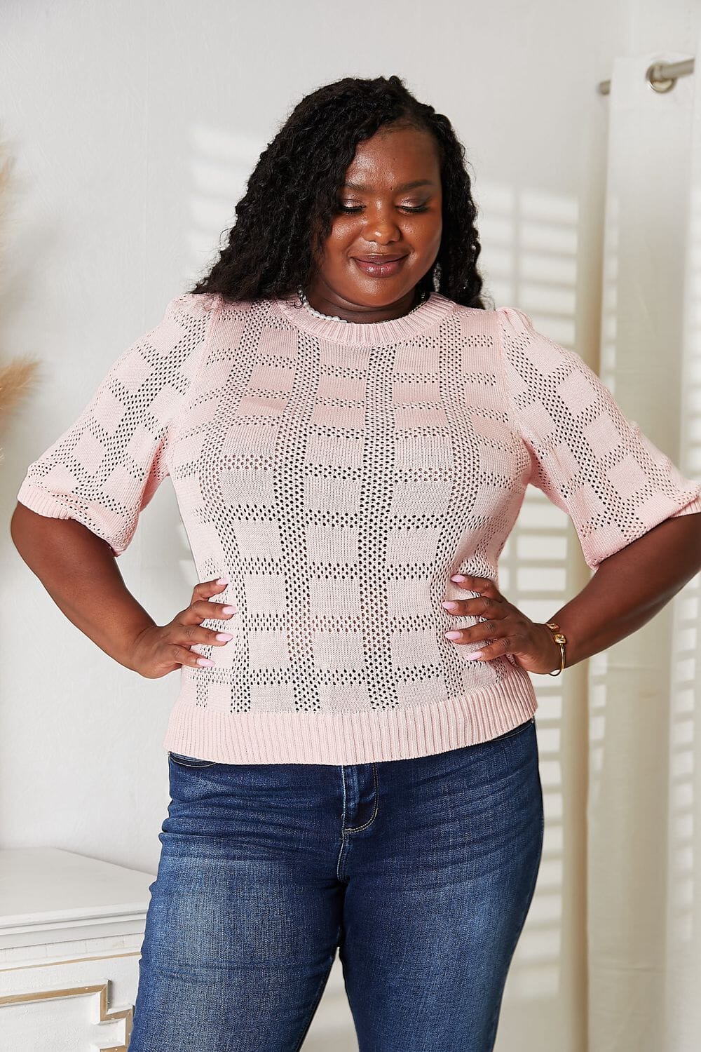 Women Ribbed Trim Round Neck Knit Top Shirts & Tops jehouze 