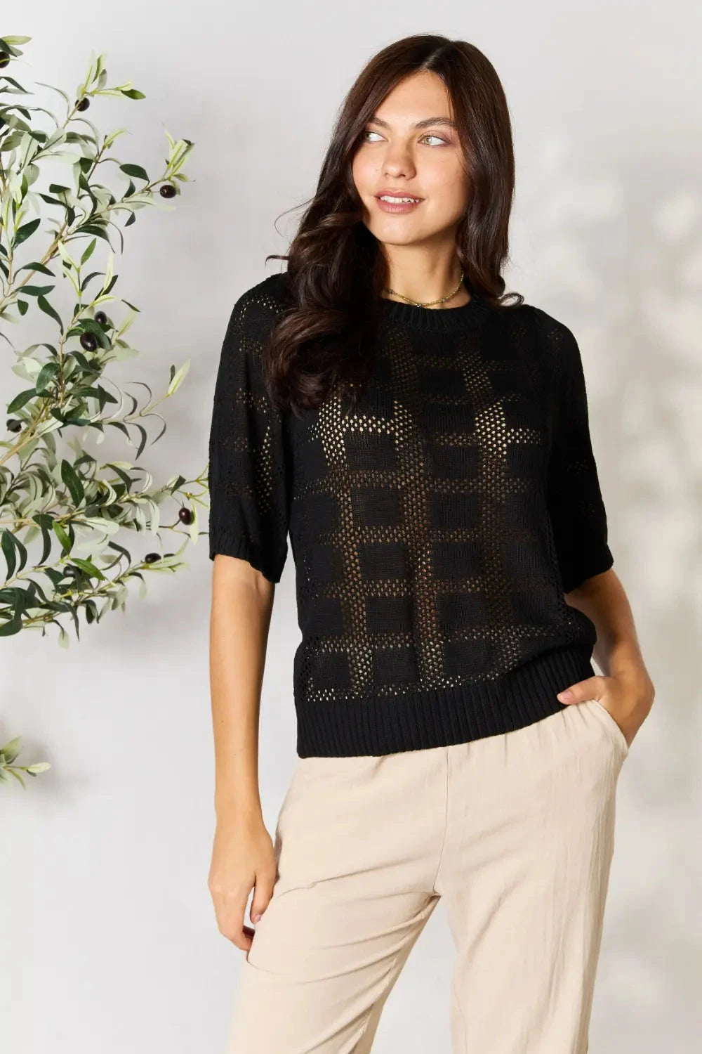 Women Ribbed Trim Round Neck Knit Top Shirts & Tops jehouze 