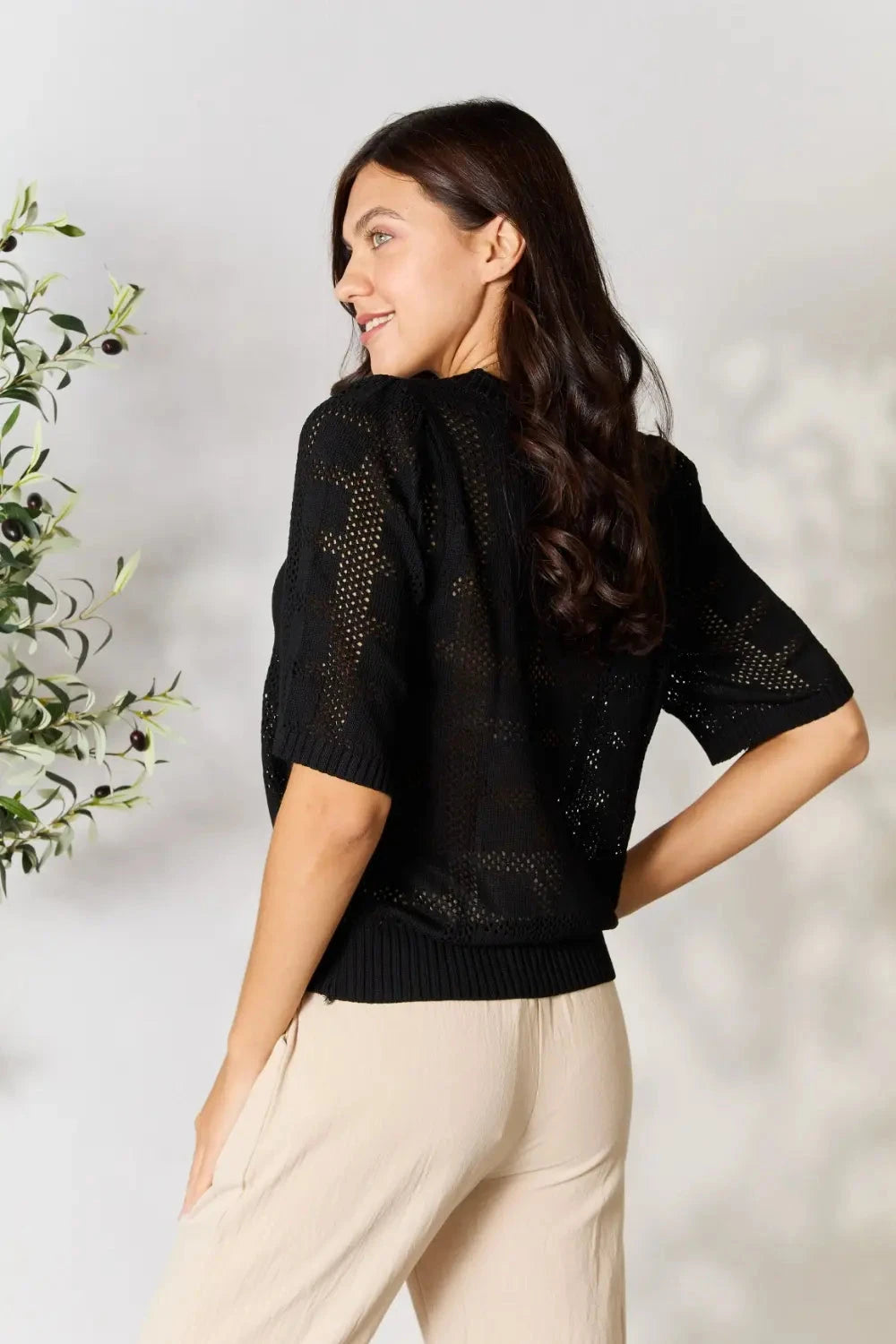 Women Ribbed Trim Round Neck Knit Top Shirts & Tops jehouze 