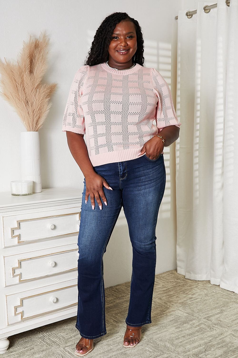 Women Ribbed Trim Round Neck Knit Top Shirts & Tops jehouze 