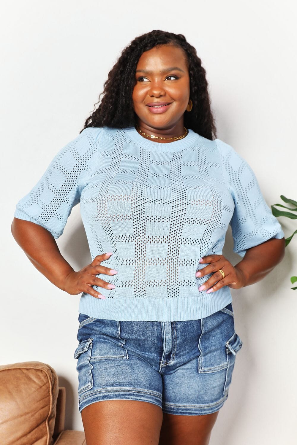 Women Ribbed Trim Round Neck Knit Top Shirts & Tops jehouze 