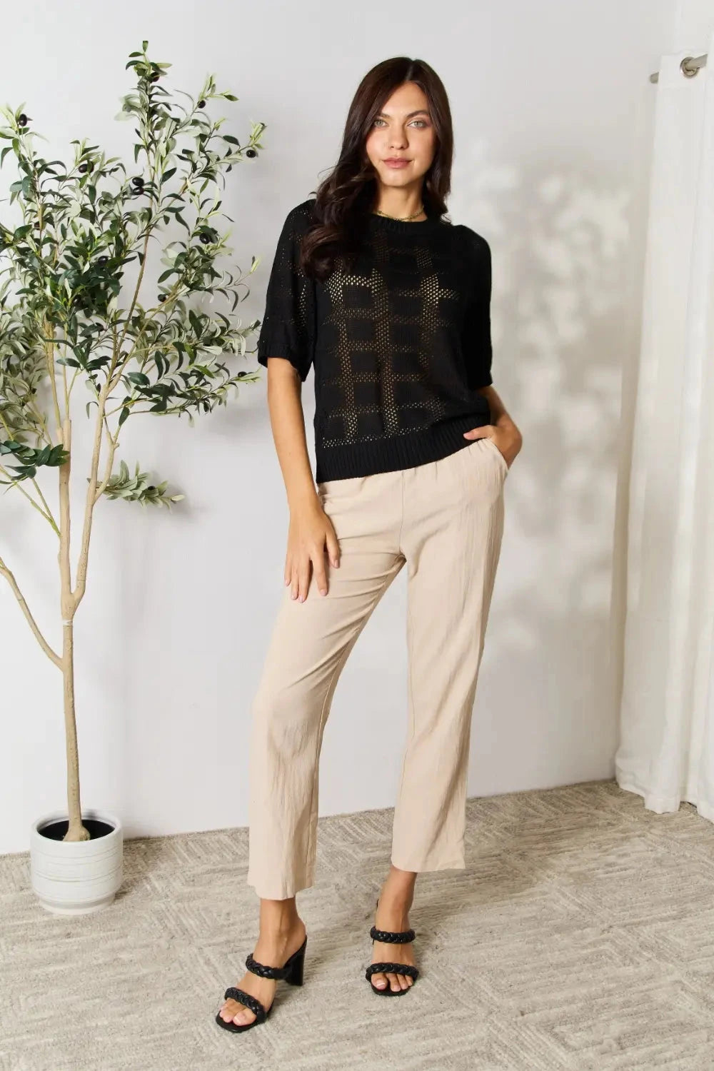 Women Ribbed Trim Round Neck Knit Top Shirts & Tops jehouze 