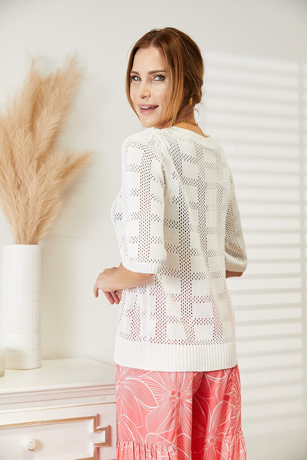 Women Ribbed Trim Round Neck Knit Top Shirts & Tops jehouze 