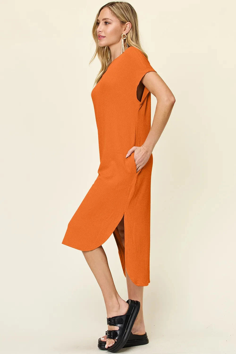 Women Round Neck Short Sleeve Slit Dress Dresses jehouze 
