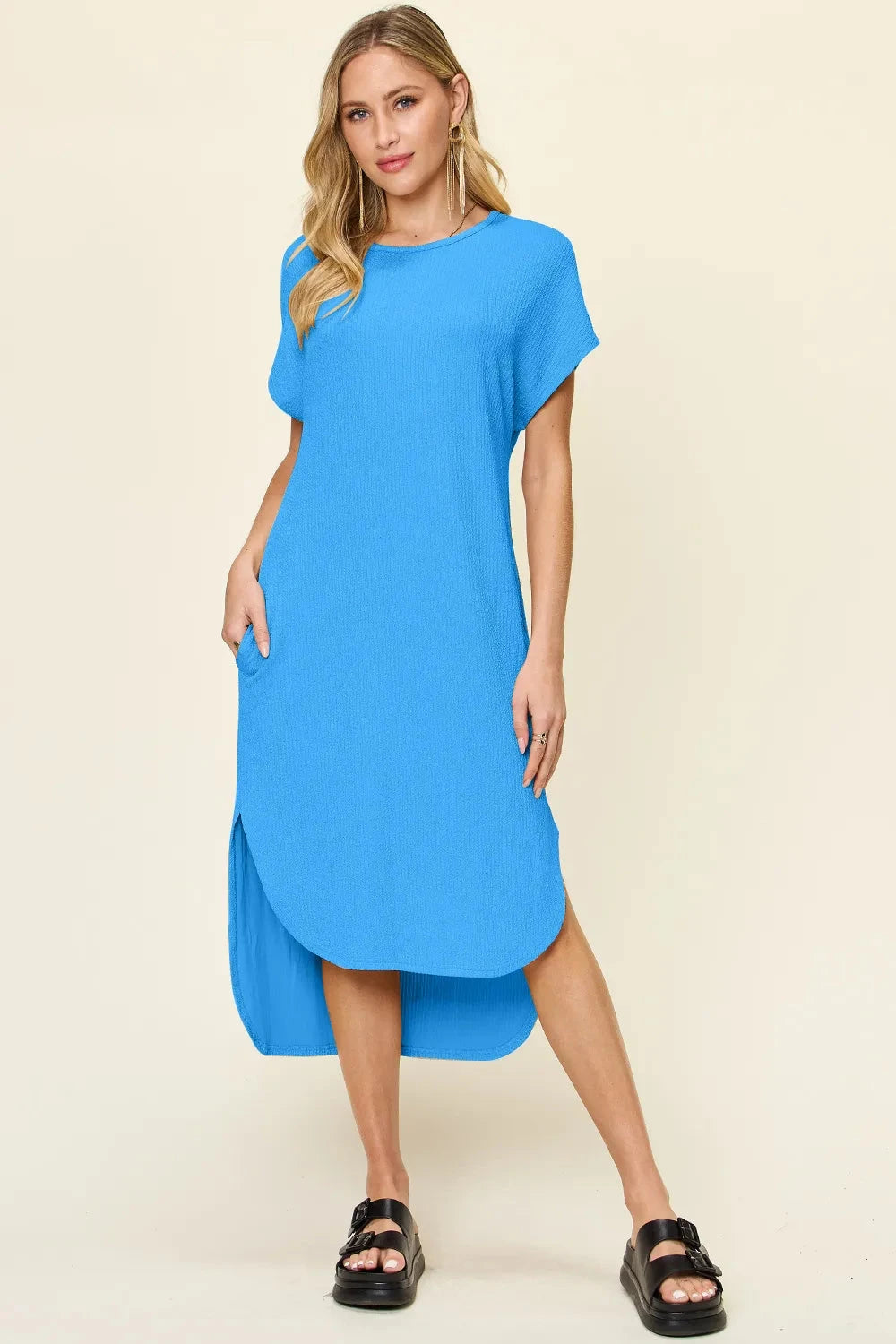 Women Round Neck Short Sleeve Slit Dress Dresses jehouze Sky Blue S 