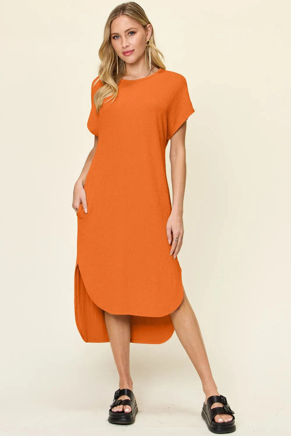 Women Round Neck Short Sleeve Slit Dress Dresses jehouze Tangerine S 