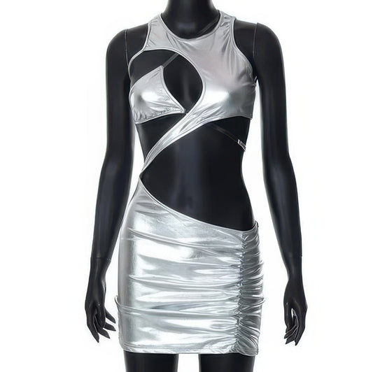 Women Ruched Metallic Open Dress Dresses jehouze Silver S 