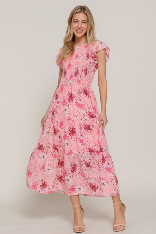 Women Ruffle Sleeve Smocked Floral Print Dress Dresses jehouze Pink/burgundy S 