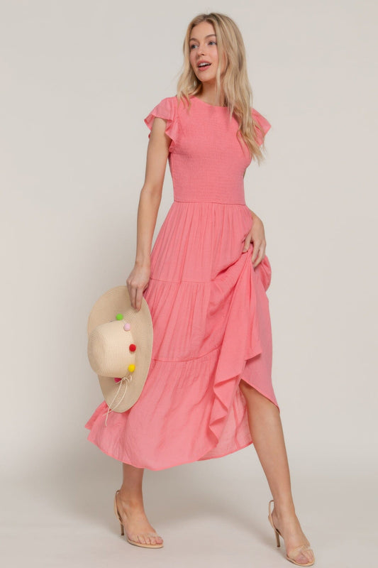 Women Ruffle Sleeve Smocked Solid Tired Midi Dress Dresses jehouze 