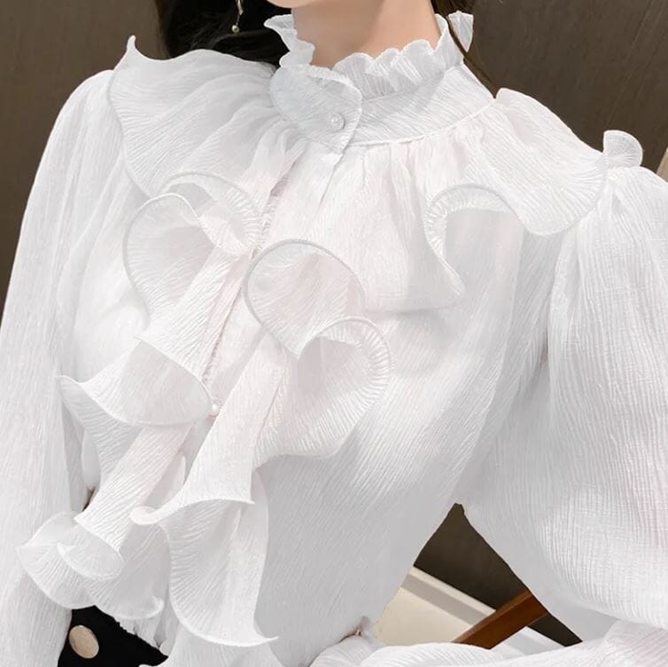 Women Ruffle Stitching Vintage Palace Long Flare Sleeve Button Mock Neck Chiffon Shirt Top_ Shirts & Tops jehouze 