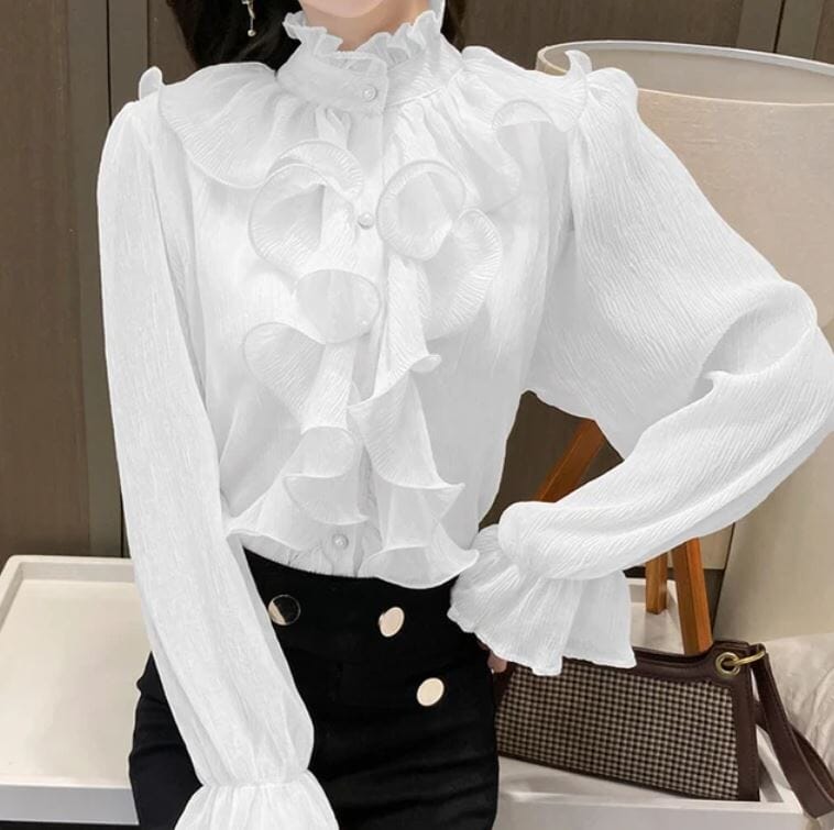 Women Ruffle Stitching Vintage Palace Long Flare Sleeve Button Mock Neck Chiffon Shirt Top_ Shirts & Tops jehouze White S 