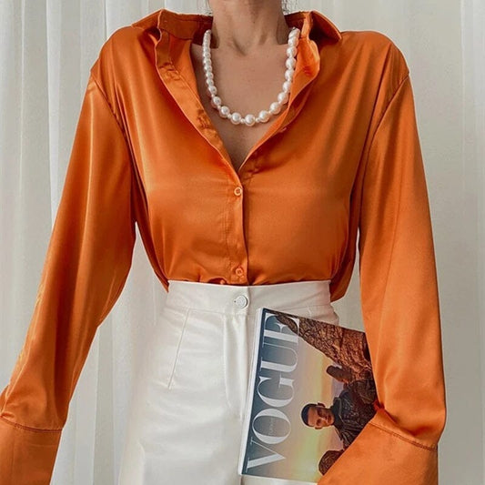 Women Satin Silk Button Down Casual Loose Long Sleeve Office Work Tunic Top Shirts & Tops jehouze Orange S 