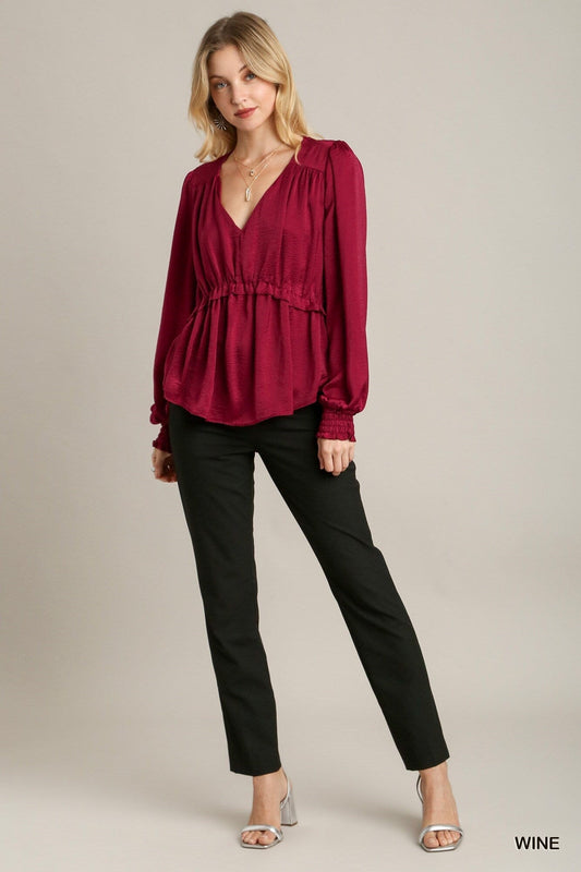 Women Satin V-neck Ruffle Baby Doll Top With Cuffed Long Sleeve Shirts & Tops jehouze Wine S 