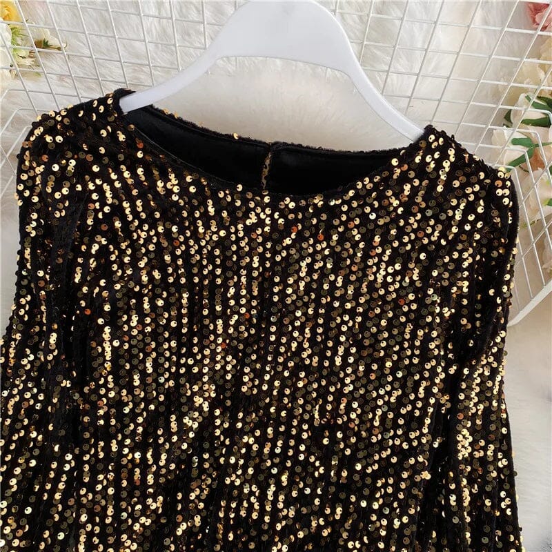 Women Sequin Glitter Long Balloon Sleeve Party Disco Sparkle Concert Crop Top Shirts & Tops jehouze 