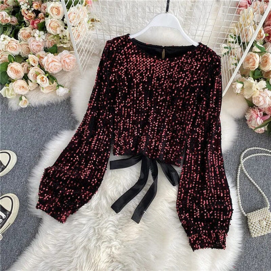 Women Sequin Glitter Long Balloon Sleeve Party Disco Sparkle Concert Crop Top Shirts & Tops jehouze Red 