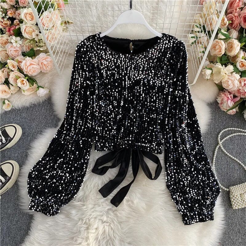 Women Sequin Glitter Long Balloon Sleeve Party Disco Sparkle Concert Crop Top Shirts & Tops jehouze Silver 