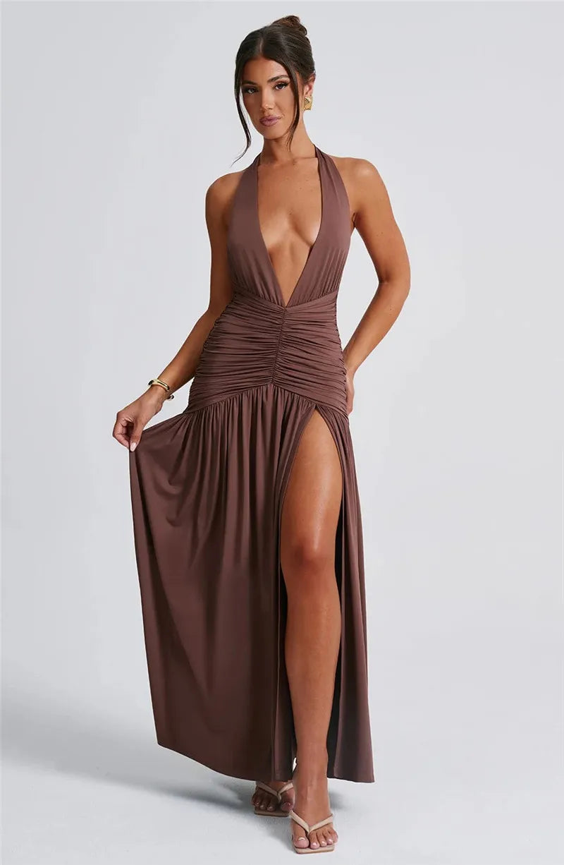 Women Sexy Halter Deep V Neck Backless High Split Maxi Dress Dresses jehouze 