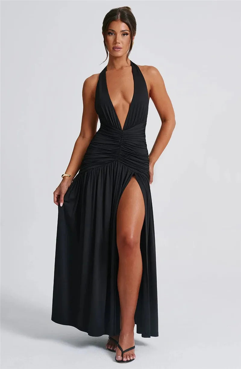 Women Sexy Halter Deep V Neck Backless High Split Maxi Dress Dresses jehouze Black S 