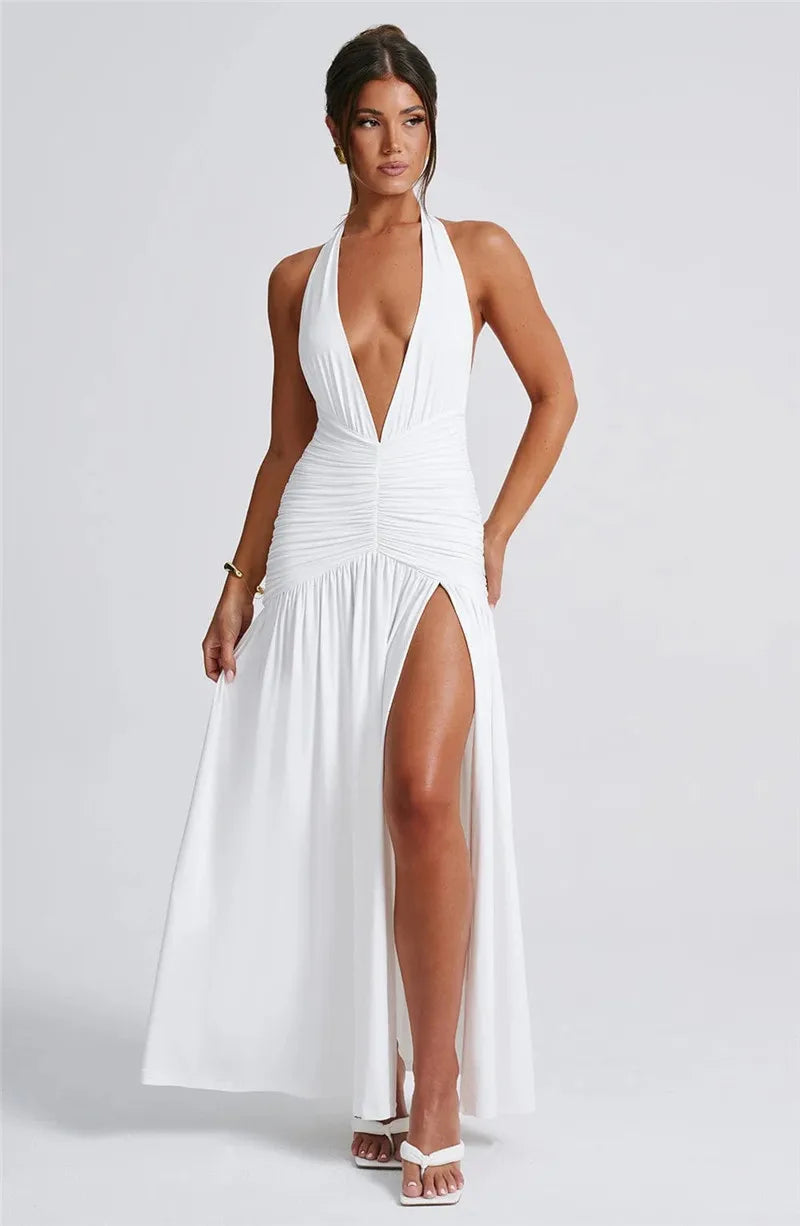 Women Sexy Halter Deep V Neck Backless High Split Maxi Dress Dresses jehouze White S 