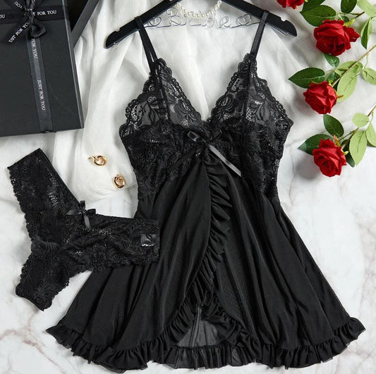 Women Sexy Lace Badydoll Mesh Nightgown Sleepwear Lingerie with panty Lingerie jehouze 293-BLACK S 