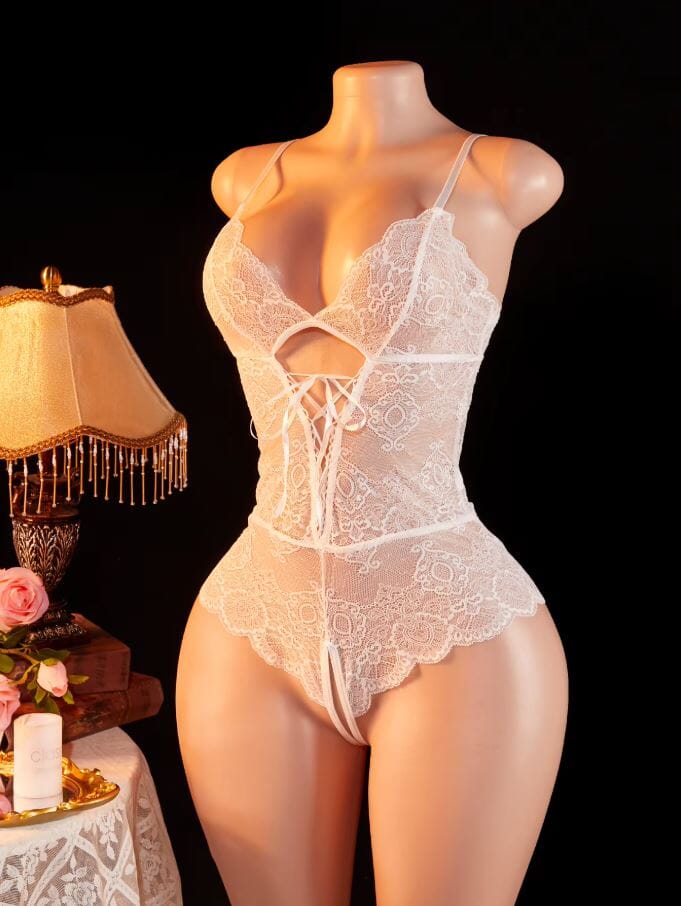 Women Sexy One Piece Deep V Teddy Floral Lace Babydoll Bodysuit Lingerie Lingerie jehouze White S 