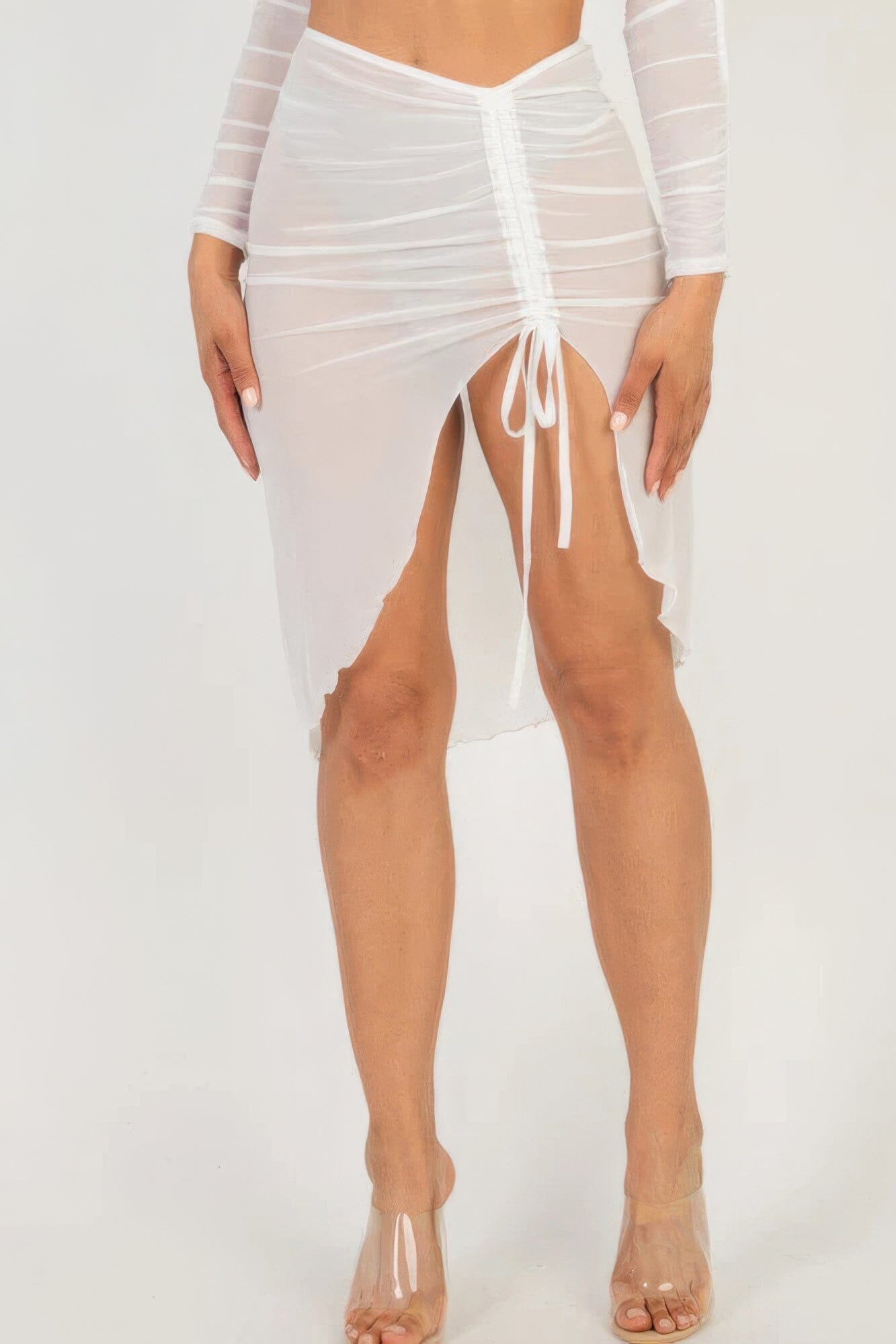 Women Sexy Sheer Mesh Drawstring Ruched Skirt Skirts jehouze 