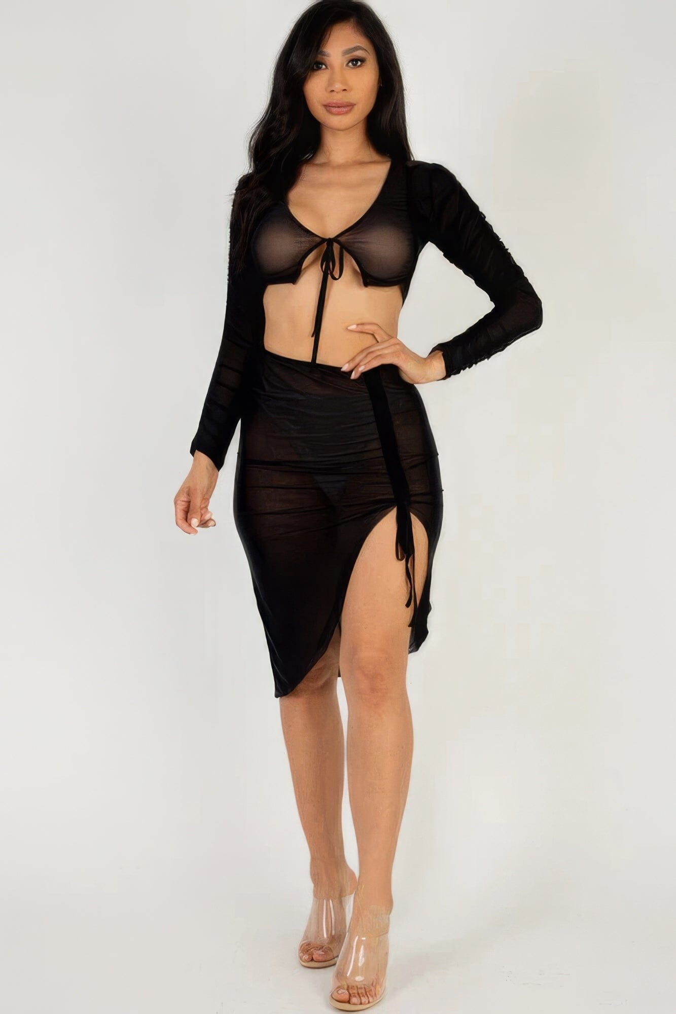 Women Sexy Sheer Mesh Drawstring Ruched Skirt Skirts jehouze Black S 