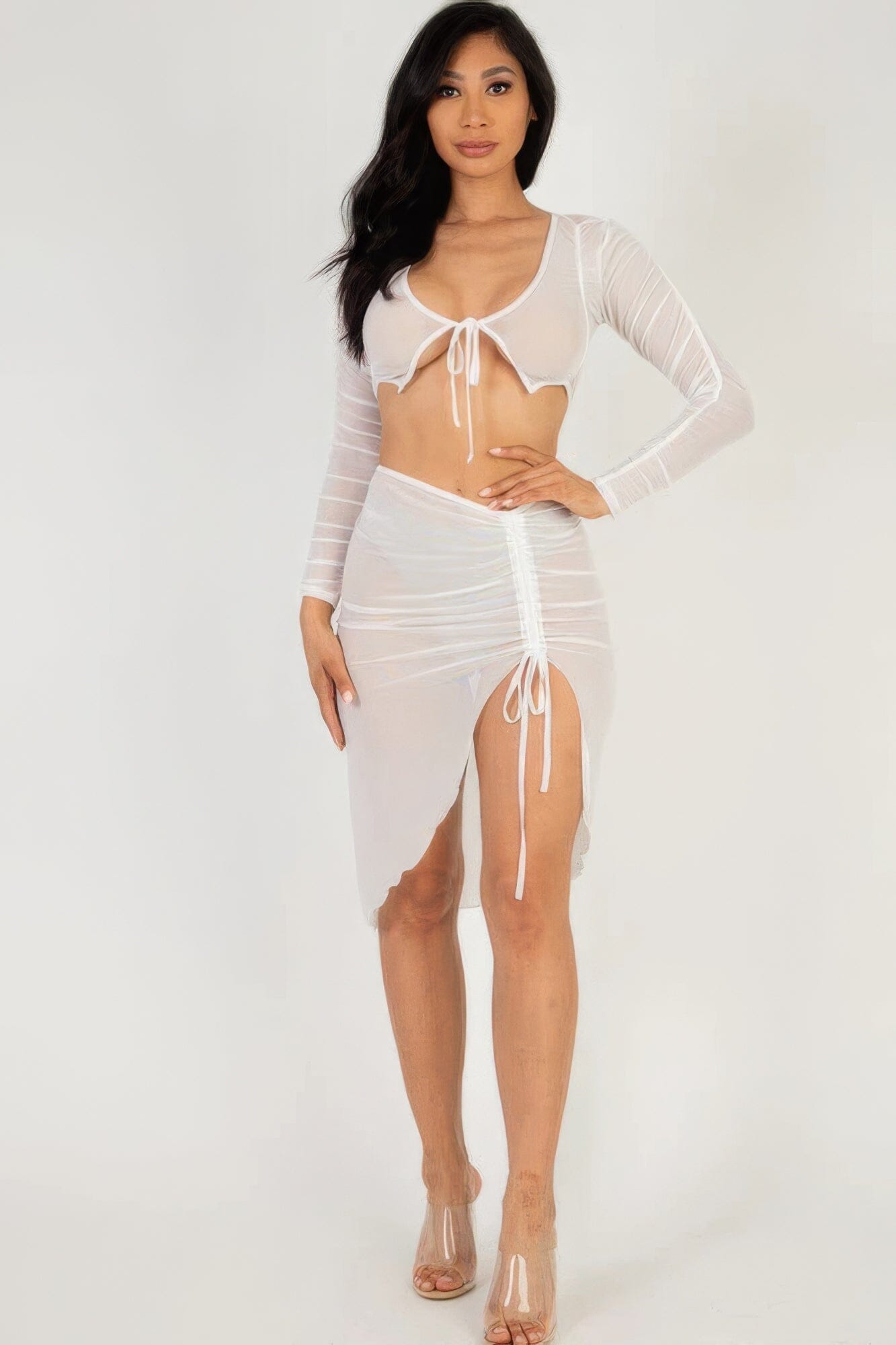 Women Sexy Sheer Mesh Drawstring Ruched Skirt Skirts jehouze White S 