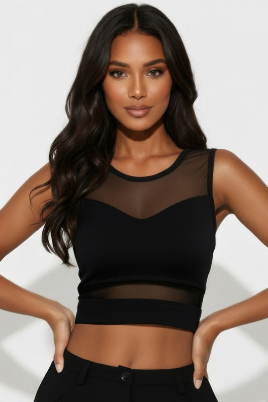 Women Sheer Mesh Panel Crop Tank Top Shirts & Tops jehouze Black S 