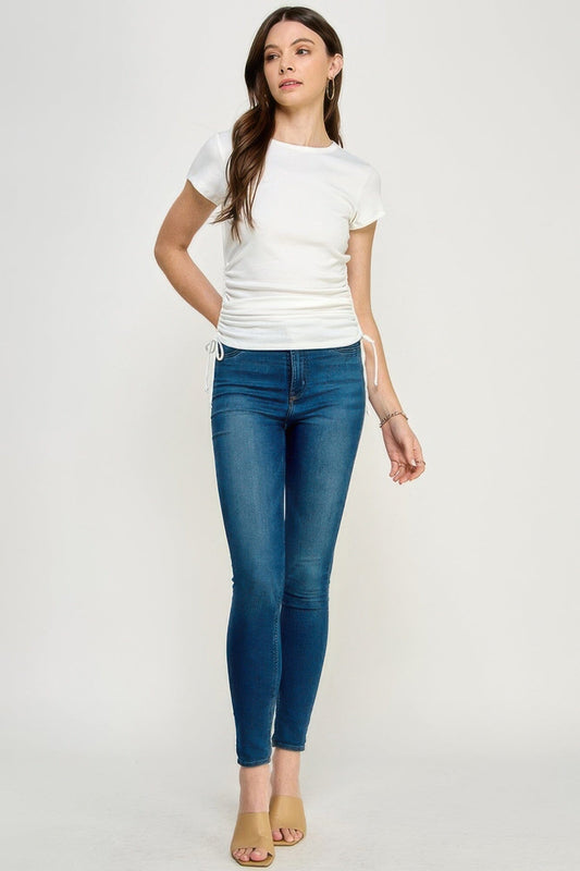 Women Short Sleeve Side Ruched Detail Top Shirts & Tops jehouze Soft white S 