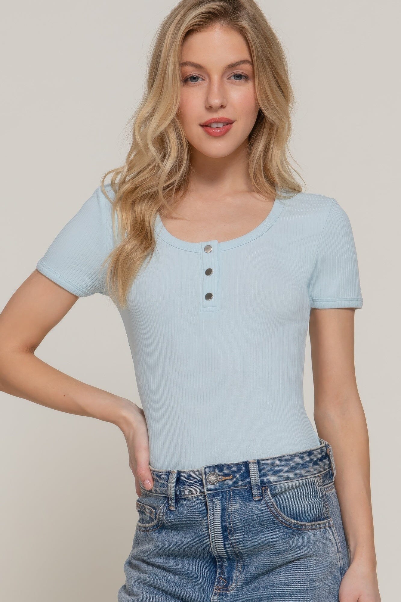 Women Short Sleeve Snap Button Rib Bodysuit Shirts & Tops jehouze 