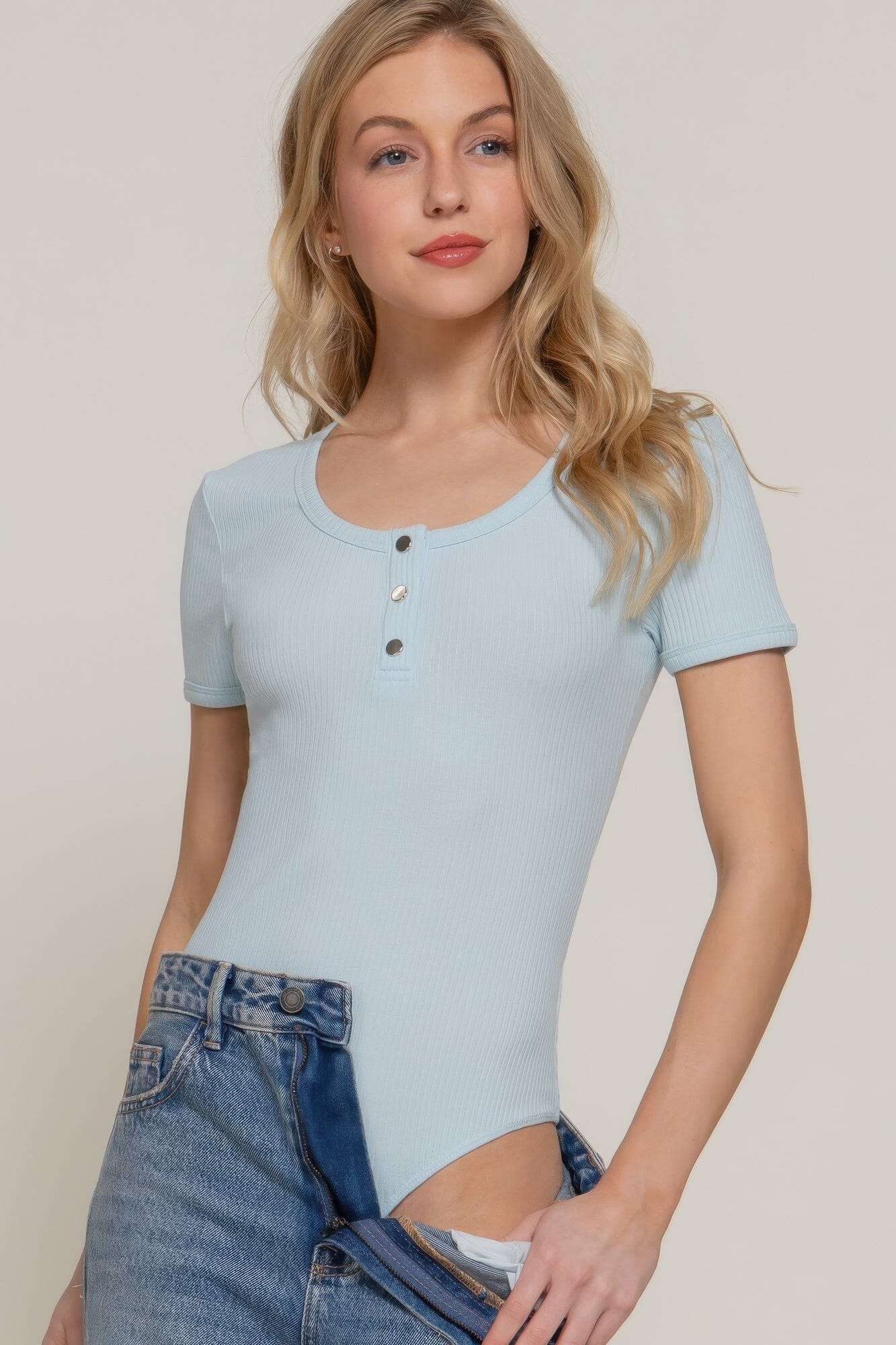 Women Short Sleeve Snap Button Rib Bodysuit Shirts & Tops jehouze 