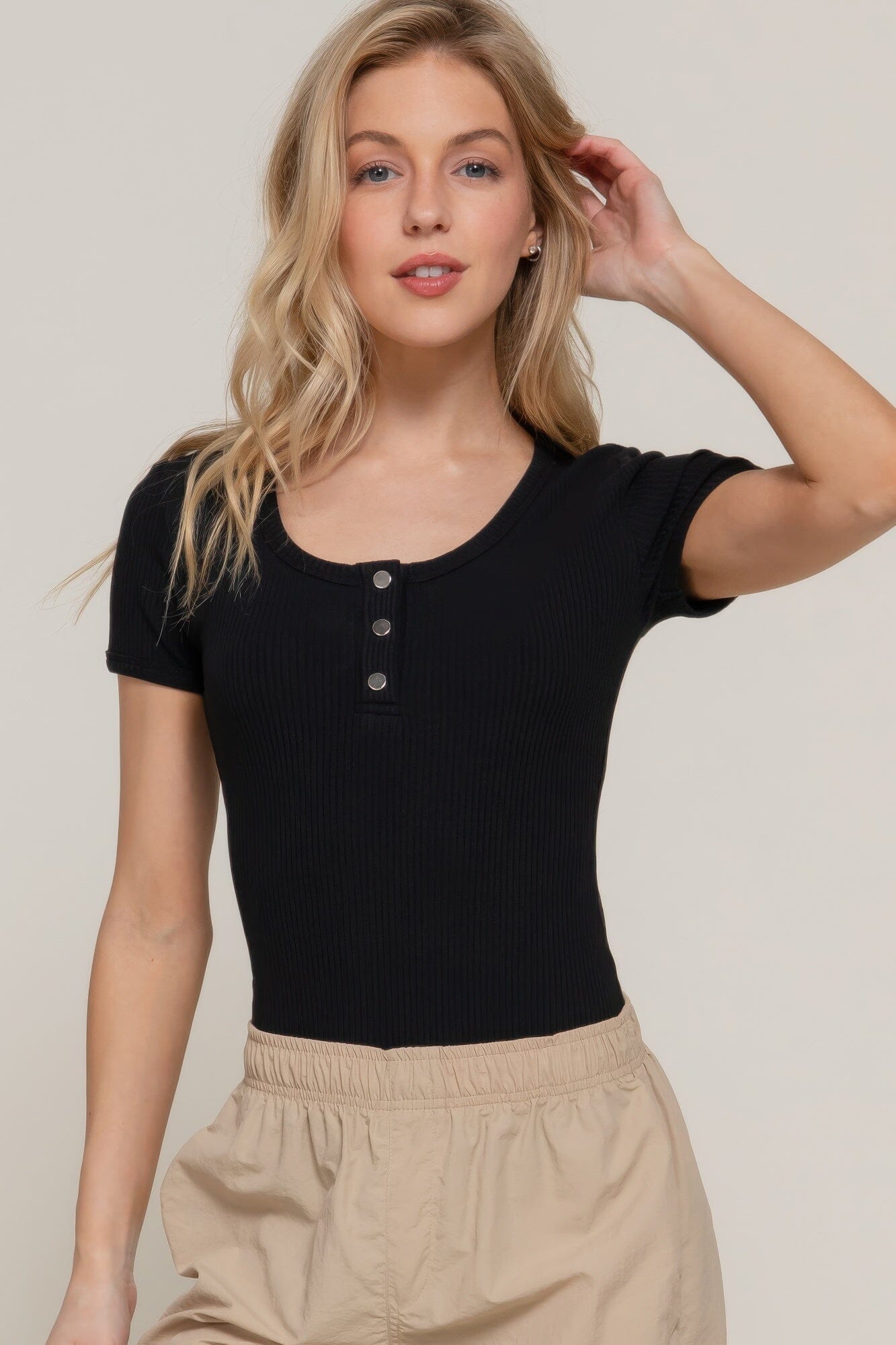 Women Short Sleeve Snap Button Rib Bodysuit Shirts & Tops jehouze 