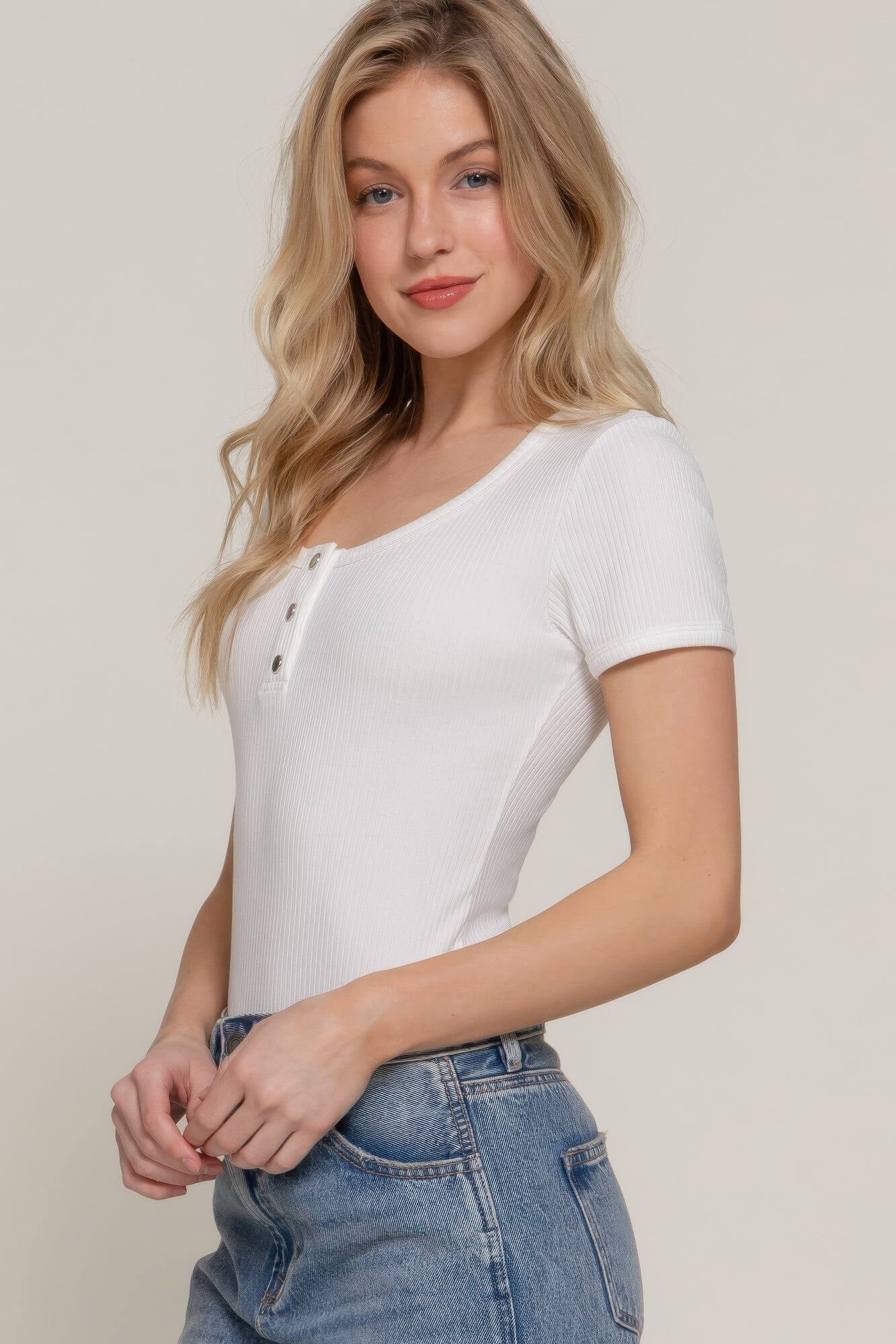 Women Short Sleeve Snap Button Rib Bodysuit Shirts & Tops jehouze 