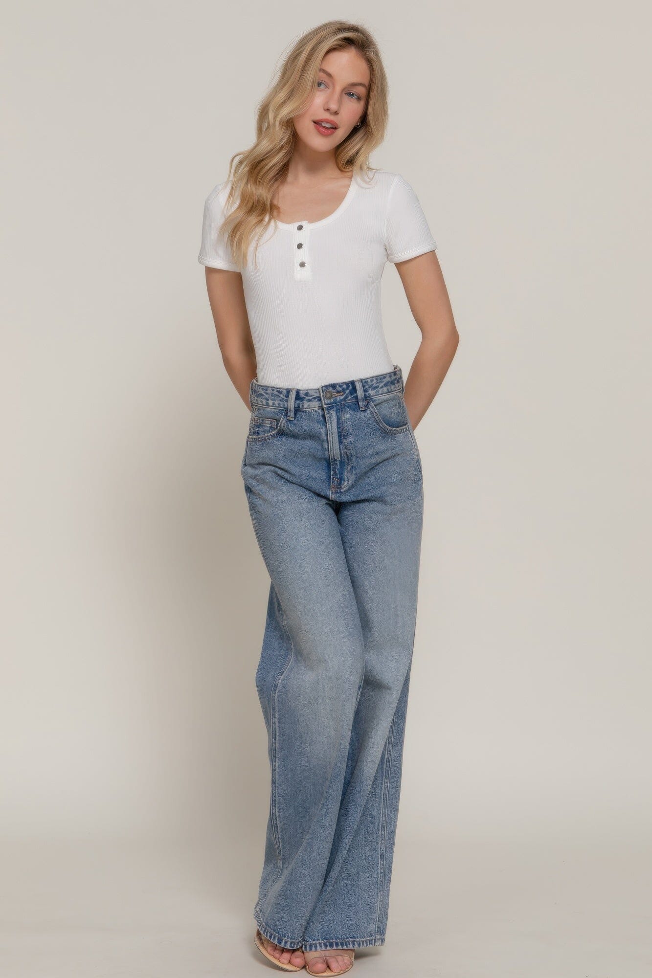 Women Short Sleeve Snap Button Rib Bodysuit Shirts & Tops jehouze Off white S 