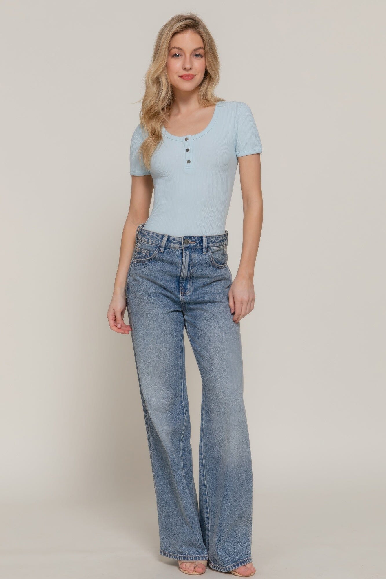 Women Short Sleeve Snap Button Rib Bodysuit Shirts & Tops jehouze Pale blue S 