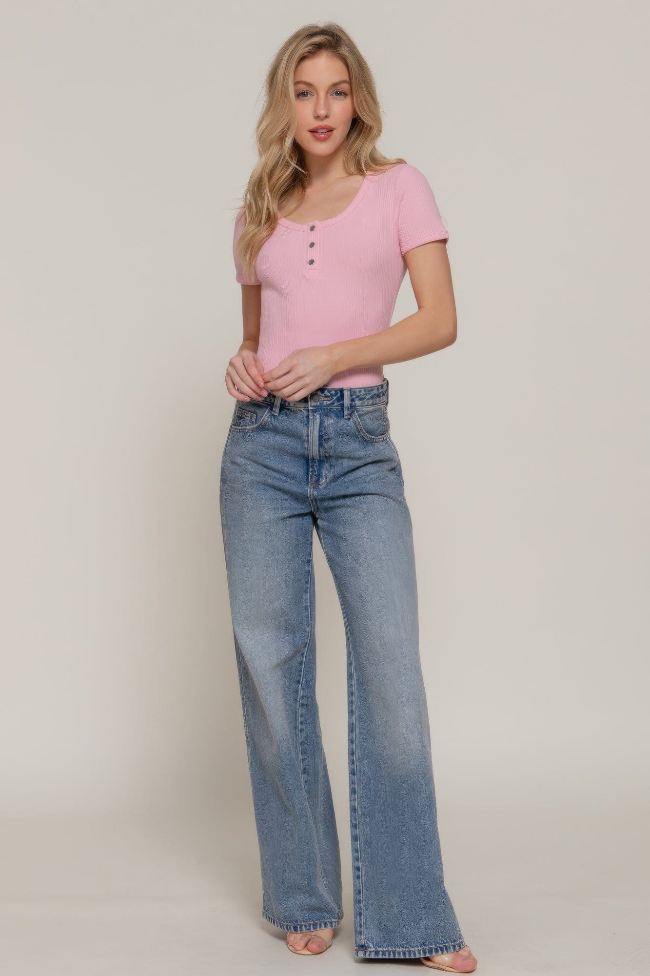 Women Short Sleeve Snap Button Rib Bodysuit Shirts & Tops jehouze Pink S 