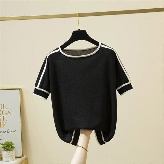Women Short Sleeve Top Crew Neck Ribbed Knit Top Shirts & Tops jehouze Black S 