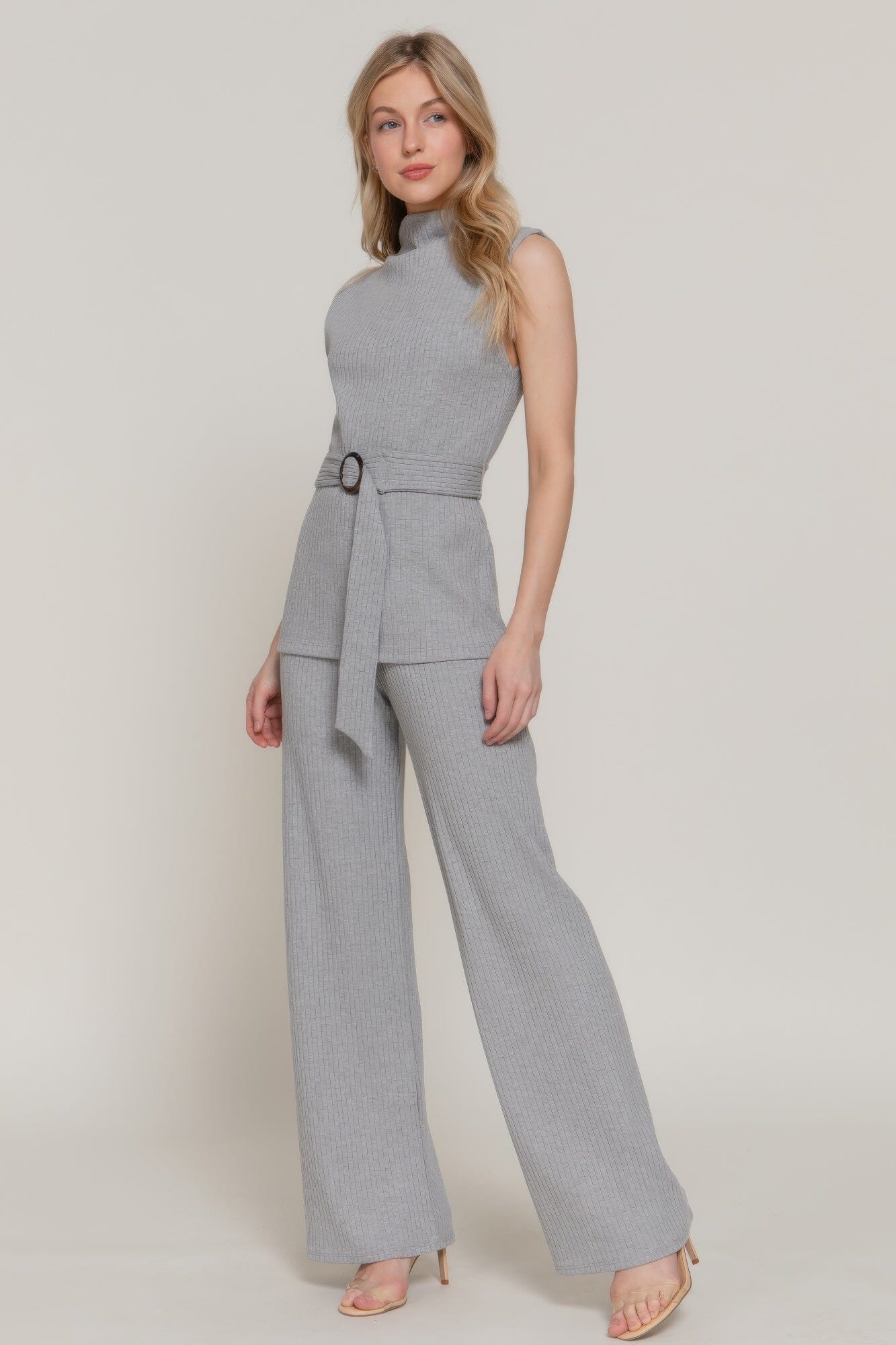 Women Sleeveless Mock Neck Waist Belt Rib Knit Top Shirts & Tops jehouze Heather grey S 