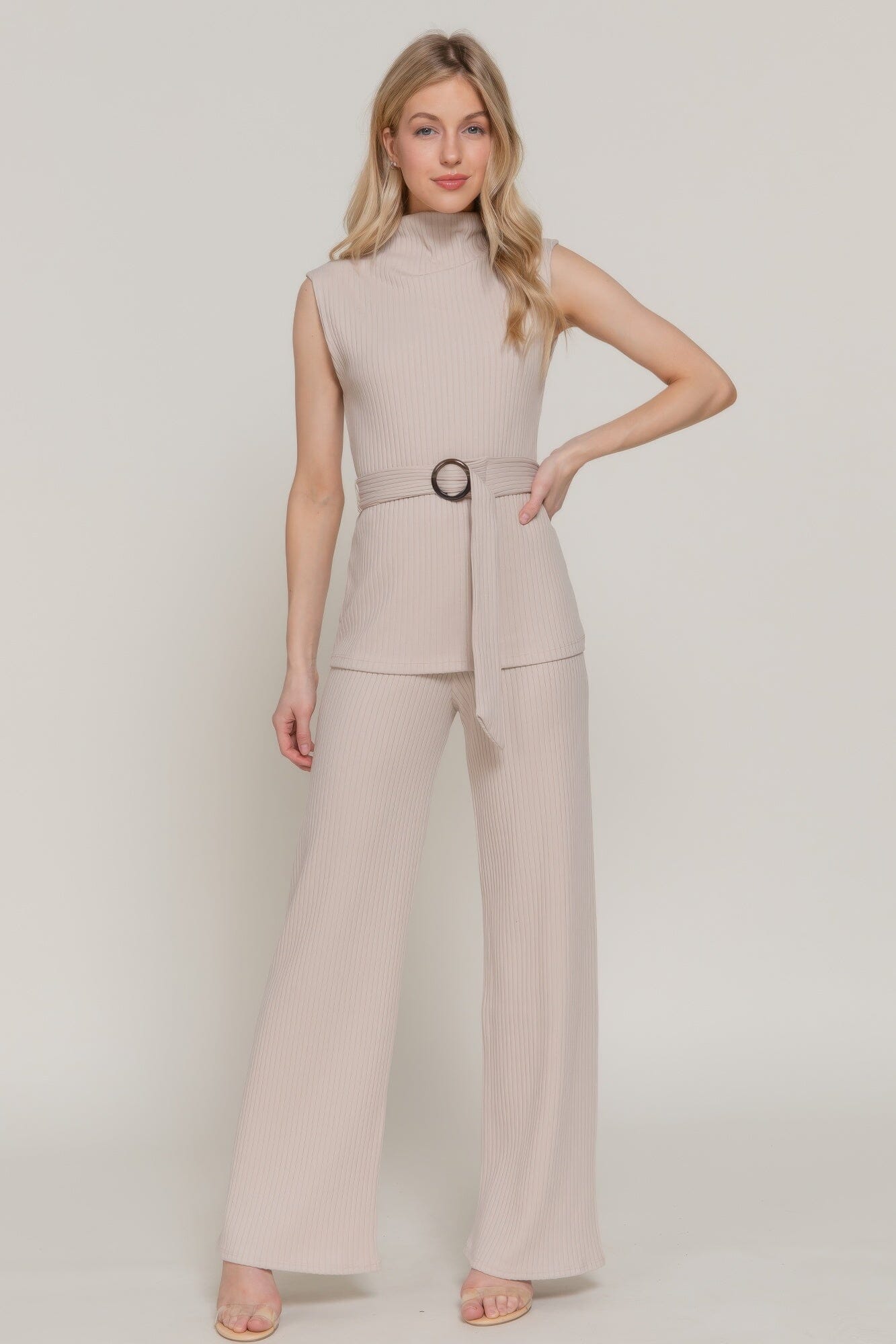 Women Sleeveless Mock Neck Waist Belt Rib Knit Top Shirts & Tops jehouze Mink S 
