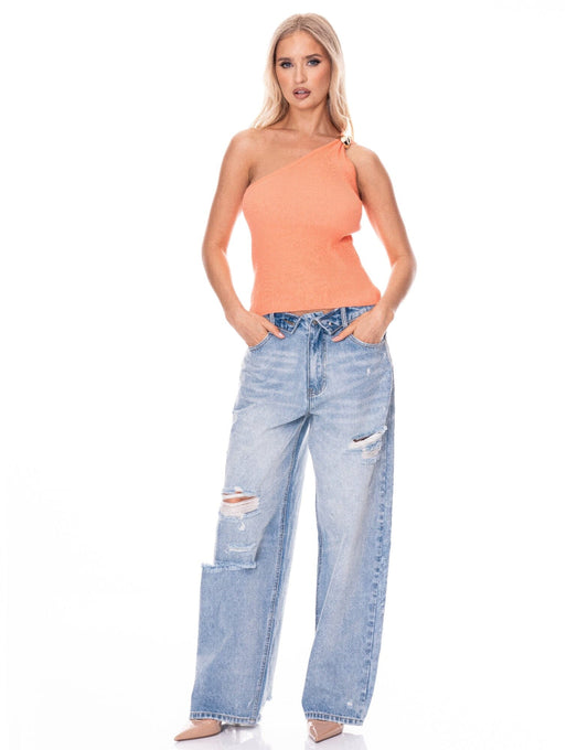 Women Sleeveless One Shoulder Top Shirts & Tops jehouze Peach S 
